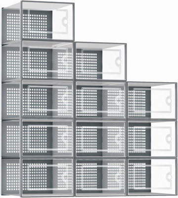 Pack of 12 Clear Transparent Shoe Storage Boxes with Rear Ventilation Holes Stackable Design