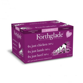 Pack of 12 Forthglade Dog Food Adult Grain Free Multicase Just 90% Chicken Lamb & Beef 395g