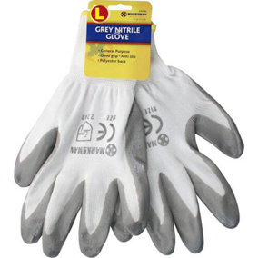 Pack Of 12 Heavy Duty Non-slip Safety Work Gloves - Grey & White Size 9, Nitrile Coated, Secure Grip On Palm & Fingers