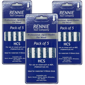 Pack Of 15 Rennie Tools - Straight and Fast Cuts Jigsaw Blades For Wood Compatible With Bosch Dewalt Makita Milwaukee And More