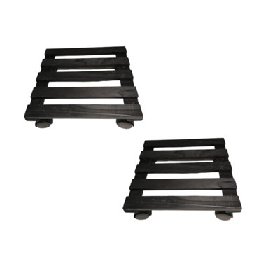 Pack of 2 35cm Black Square Wooden Garden Plant Pot Flower Trolley Stand On Wheels