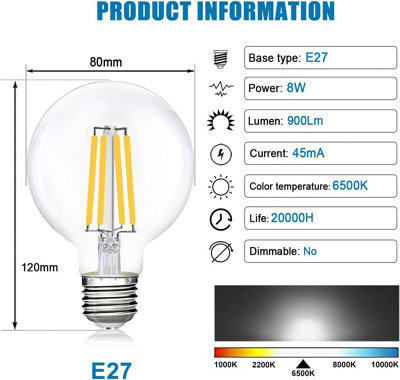 Pack of 2 E27 Non-Dimmable LED Light Bulb, 8W 6500K Cool White