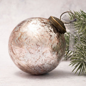 Pack of 2 Extra Large Rose with Silver Foil 4" Crackle Glass Christmas Ball