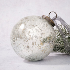 Pack of 2 Extra Large Silver 4" Crackle Glass Christmas Bauble
