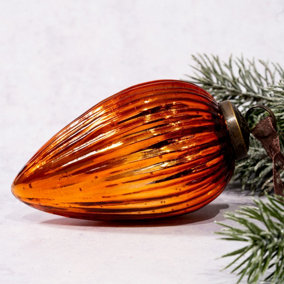 Pack of 2 Extra Large Tangerine 4" Ribbed Glass Pinecone Christmas Ornaments