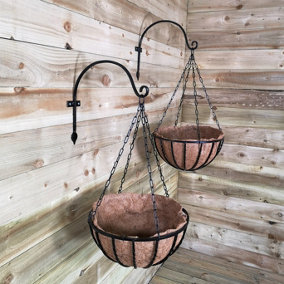 Pack of 2 Heavy Duty Black Metal Steel Twisted Bar Garden Patio Hanging Basket with WaterSave Coco Fibre Liner 40cm - No Bracket