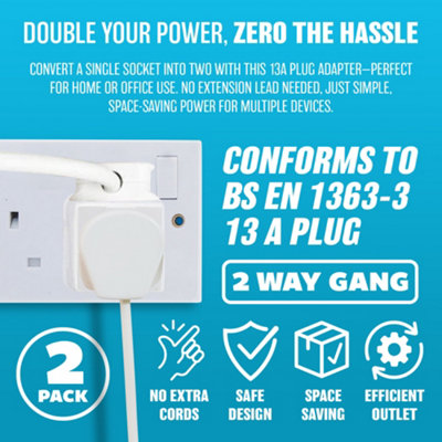 Pack Of 2 Multi-purpose Block Socket Splitter Mains 2 Way Gang Wall Adaptor Plug 13amp - 3