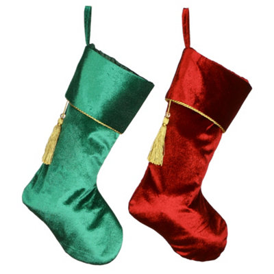 Pack of 2 Red & Green Velvet Xmas Gift Decoration Christmas Stocking