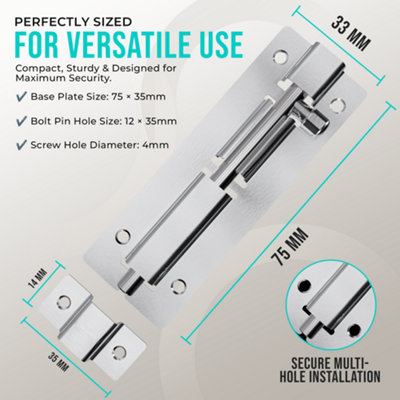 Pack of 2 Stainless Steel Door Security Bolts, Slide Latch Lock with Screws - 75MM