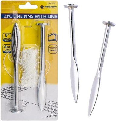 Pack Of 2 Stainless Steel Line Pins With 8m Lining Builders Brick Laying Hand Tool 6" Pins Diy Construction Projects Building