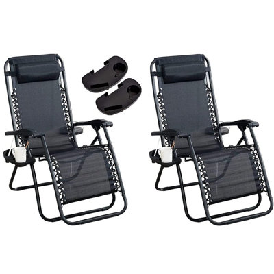 Pack of 2 Sun Lounger Recliner Zero Gravity Chairs, Garden Patio Folding Chairs with Cup and Phone Holder