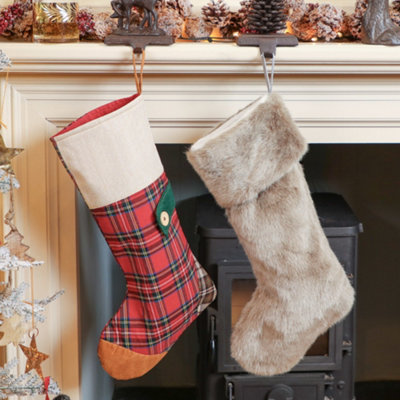 Pack of 2 Tartan & Faux Fur Highland Xmas Gift Decoration Christmas Stocking