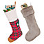 Pack of 2 Tartan & Faux Fur Highland Xmas Gift Decoration Christmas Stocking