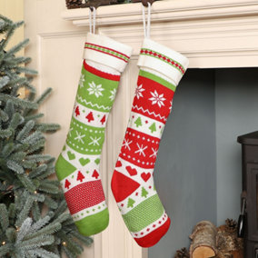 Pack of 2 Traditional Red & Green Fair Isle Xmas Gift Decoration Christmas Stocking