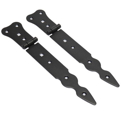 Pack of 2 x 200 mm Narrow T-Hinge Black, Retro Steel Tee Hinges, Weather Resistant, Rust Proof Powder Coating, T Strap Hinges