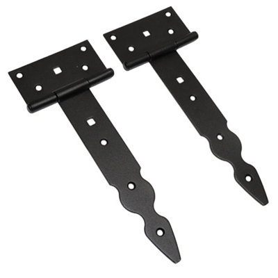Pack of 2 x 200 mm T-Hinge Black, Steel Tee Hinges, Weather Resistant, Rust Proof Powder Coating, T Strap Hingess