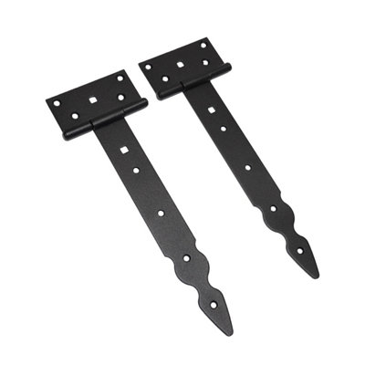 Pack of 2 x 250 mm T-Hinge Black, Steel Tee Hinges, Weather Resistant, Rust Proof Powder Coating, T Strap Hingess