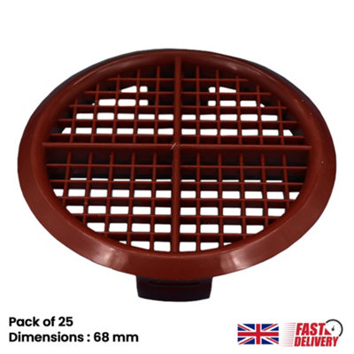 Pack of 25 Brown Plastic 70mm Round Soffit Air Vents Push in Roof and Eave Circular Mesh Air Vents