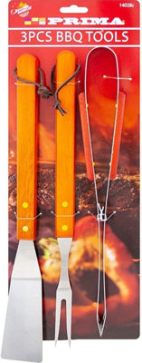 Pack Of 3 Bbq Tools Wooden Handles Turner Fork Tongs Barbecue Grilling Utensils