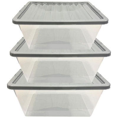 Pack Of 3 Deep 62 Litre Silver Lid Clear Plastic Home Office Storage ...