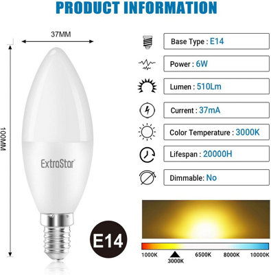 Pack of 3 E14 LED Non-Dimmable Candle Light Bulbs, 6W Warm White 3000K