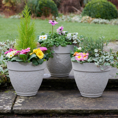 Pack of 3 Floral Design Planters, Texture effect, Sandstone Finish H26 ...