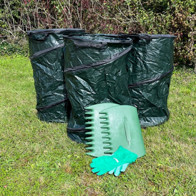 Pack of 3 Garden Waste Tidy Pop Up Bags with Leaf Grabs & Gloves