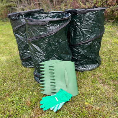 Pack of 3 Garden Waste Tidy Pop Up Bags with Leaf Grabs & Gloves