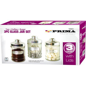 Pack Of 3 Glass Canisters Set - Coffee, Tea & Sugar See Through Canisters Modern Eye Catching Design
