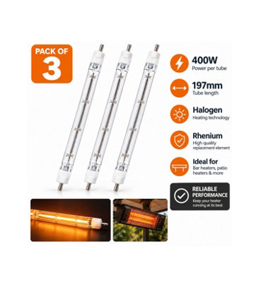 Pack of 3 Halogen Heater Tubes 400W 197mm Rhenium Replacement Elements ...