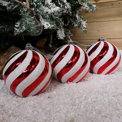 Pack of 3 Large Red & White Candy Cane Shatterproof Christmas Baubles Decorations