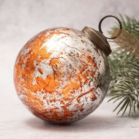 Pack of 3 Large Tangerine & Silver Foil 3" Crackle Glass Christmas Ball