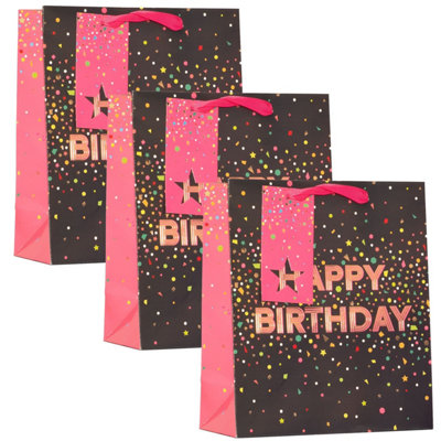 Pack Of 3 Medium Paper Gift Bags Black Pink Happy Birthday Star ...