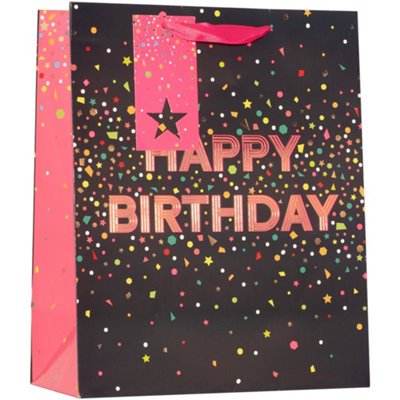 Pack Of 3 Medium Paper Gift Bags Black Pink Happy Birthday Star ...