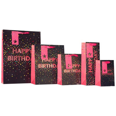 Pack Of 3 Medium Paper Gift Bags Black Pink Happy Birthday Star ...