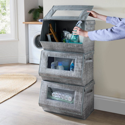 Pack of 3 Stackable Fabric Storage Boxes with Metal Frame, See-Through ...