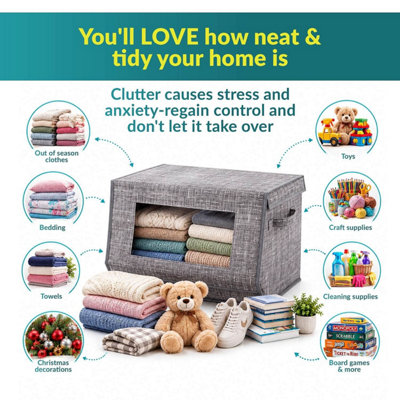 Pack of 3 Stackable Fabric Storage Boxes with Metal Frame, See-Through ...