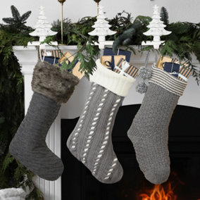 Pack of 3 Traditional Grey Xmas Gift Decoration Christmas Stocking