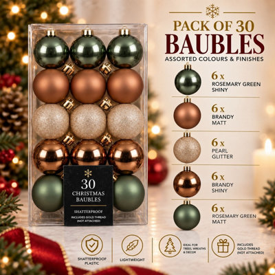 Pack of 30 Christmas Tree Baubles Shatterproof Rosemary Brandy Pearl
