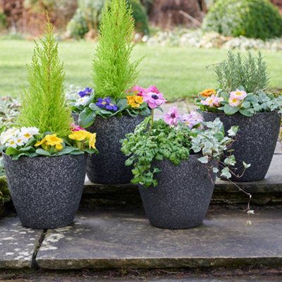 Pack of 4 Granite effect textured Planters maintance free indoor or out H24 x 27cm Dia