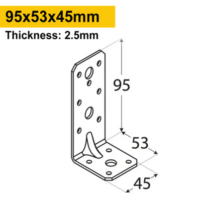 Pack of 4 - Heavy Duty Galvanised 2.5mm Thick Reinforced Angle Bracket Corner Brace 95x53x45mm