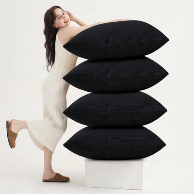 Pack Of 4 Luxury Filled Cushions with Stripe Black Velvet Covers Hotel Quality Ultra Soft Crushed Velvet Cushion 2 Pair