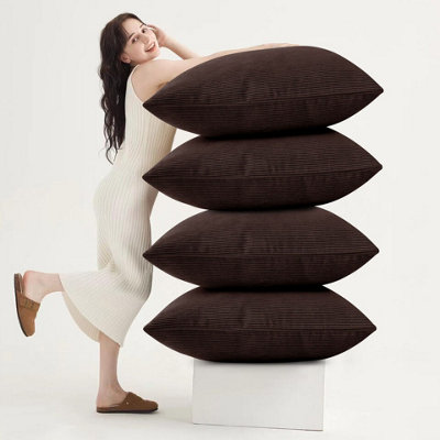 Pack Of 4 Stripe Velvet Anti Allergic Cushion Pad With Soft Touch Coffee Curdory Cushions 2 Pair