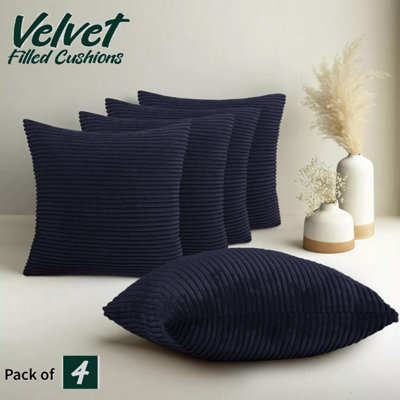 Pack Of 4 Stripe Velvet Anti Allergic Cushion Pad With Soft Touch Navy Curdory Cushions