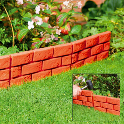 Pack of 4 Terracotta Brick Effect Garden Lawn Edging - Attractive Hammer-in Edging - Reduces Weed Transfer