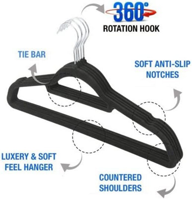 Pack of 40 Velvet Thin Non Slip Clothes Hangers with Tie Bar & Swivel Hooks Organiser For Coat Suit Trousers Hanger Black - 4
