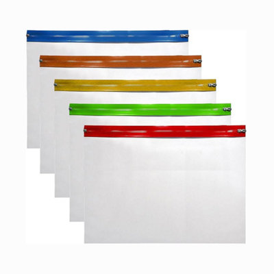 Pack of 5 A3 zipper document wallets assorted colors durable zip ...