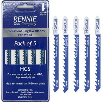 Pack Of 5 Rennie Tools - Straight and Fast Cuts Jigsaw Blades For Wood Compatible With Bosch Dewalt Makita Milwaukee And More
