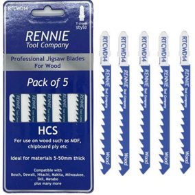 Pack Of 5 Rennie Tools - Straight and Fast Cuts Jigsaw Blades For Wood Compatible With Bosch Dewalt Makita Milwaukee And More