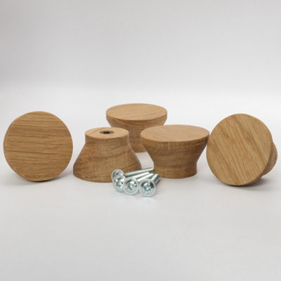 Pack of 5 Round Tapered Oak Knobs for Cabinet Doors and Drawers Dia 40mm
